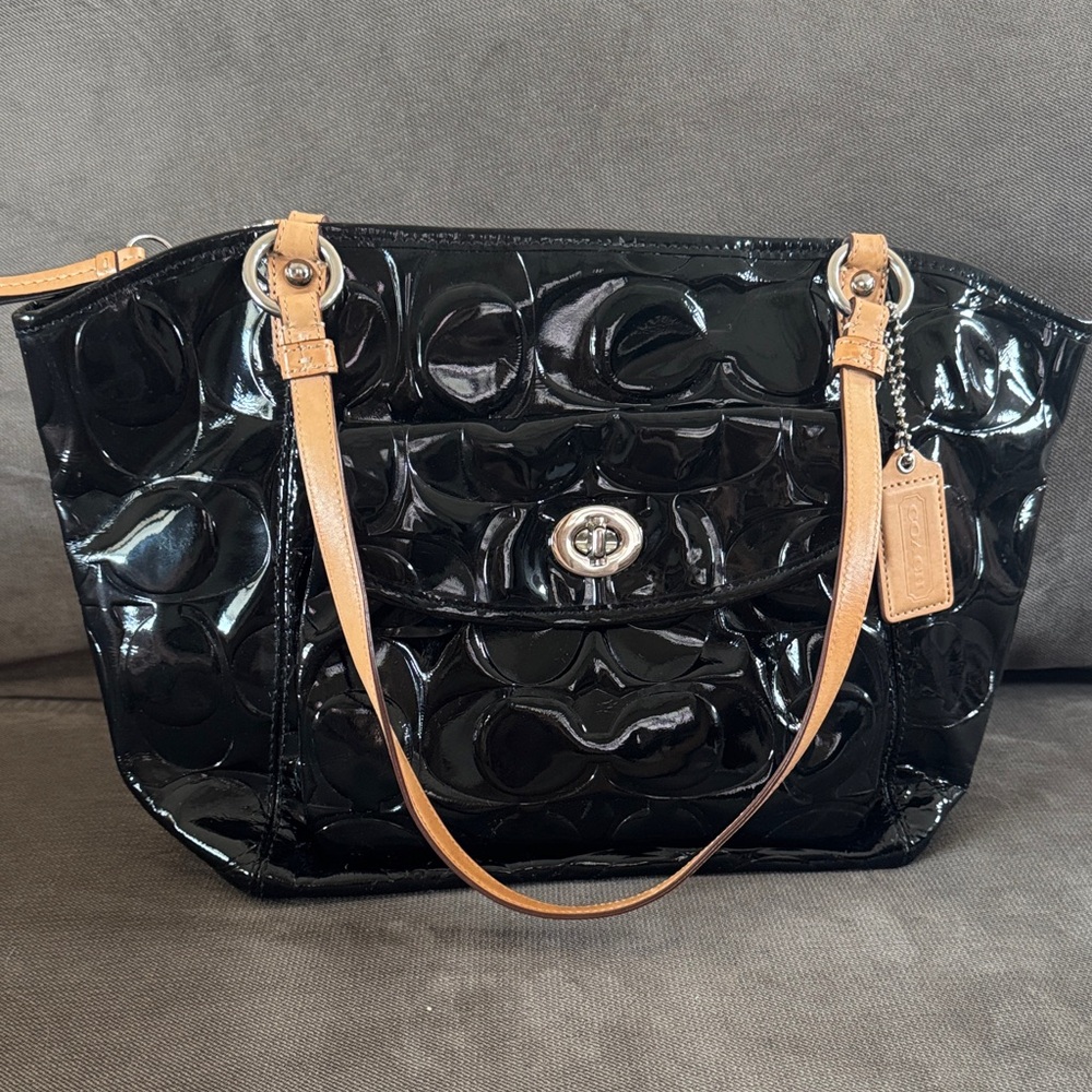 Coach Black Patent Leather Tote with Tan Straps